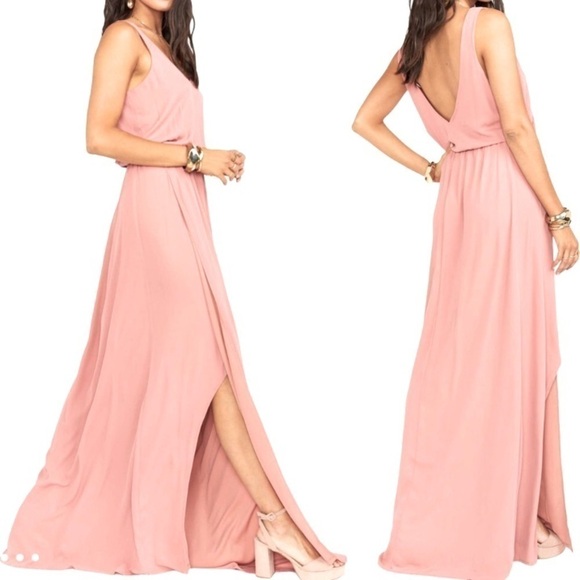 Show Me Your MuMu V-neck Pink Chiffon Side Slit Pullover Maxi Bridesmaids Dress - Picture 1 of 16